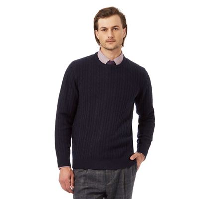 Navy lambswool rich cable knit jumper